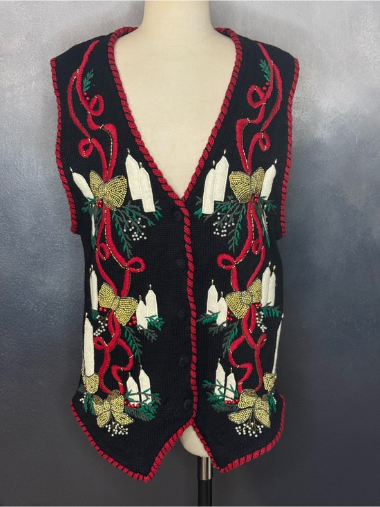 Victoria Jones Sweaters - Victoria Jones Christmas Sweater Vest Black Embellished Candles & Bows Women's M